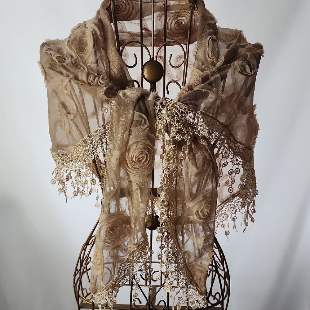 Floral Shimmery Crocheted Scarf With Crocheted Fringe